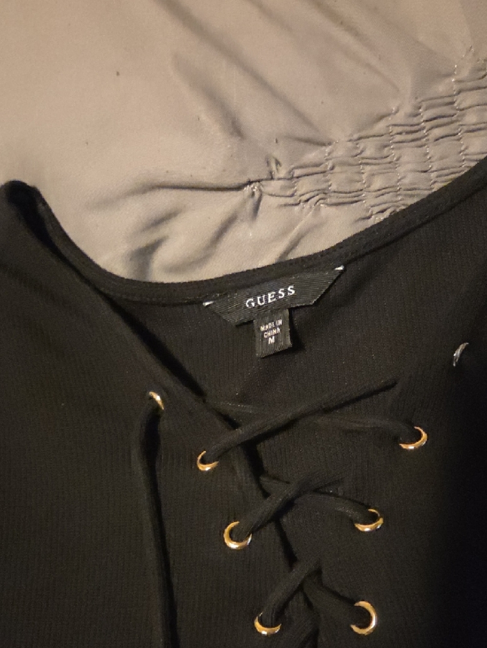 Guess Black Lace-Up Ribbed Tee with Gold Accents - Picture 2 of 2
